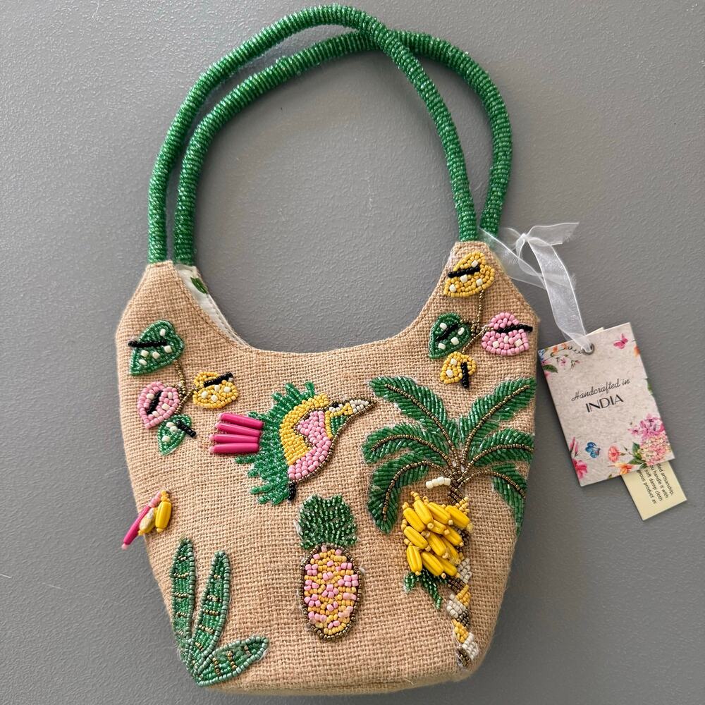 NWT TJ Maxx Beaded Affair Jute Handbag Tropical Toucan Pineapple Palm Tree India